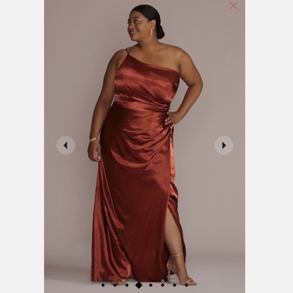 David's Bridal One-Shoulder Satin Gown in Copper